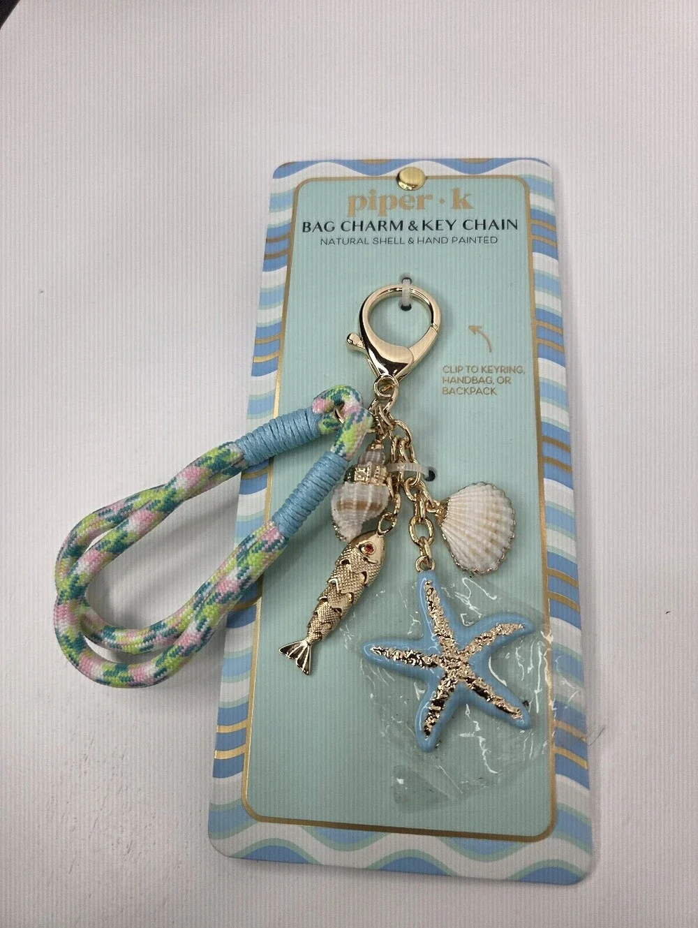 💙▪️Piper K ▪️ Seashell Starfish Bag Charm Key Chain - Blue & Gold